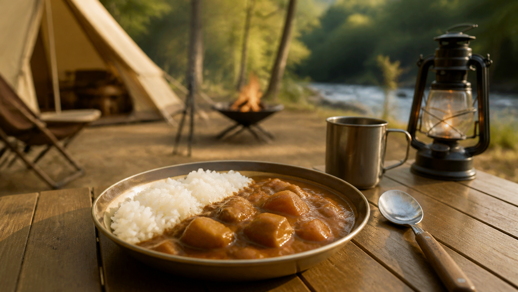 ランタンで照らしたキャンプテーブル