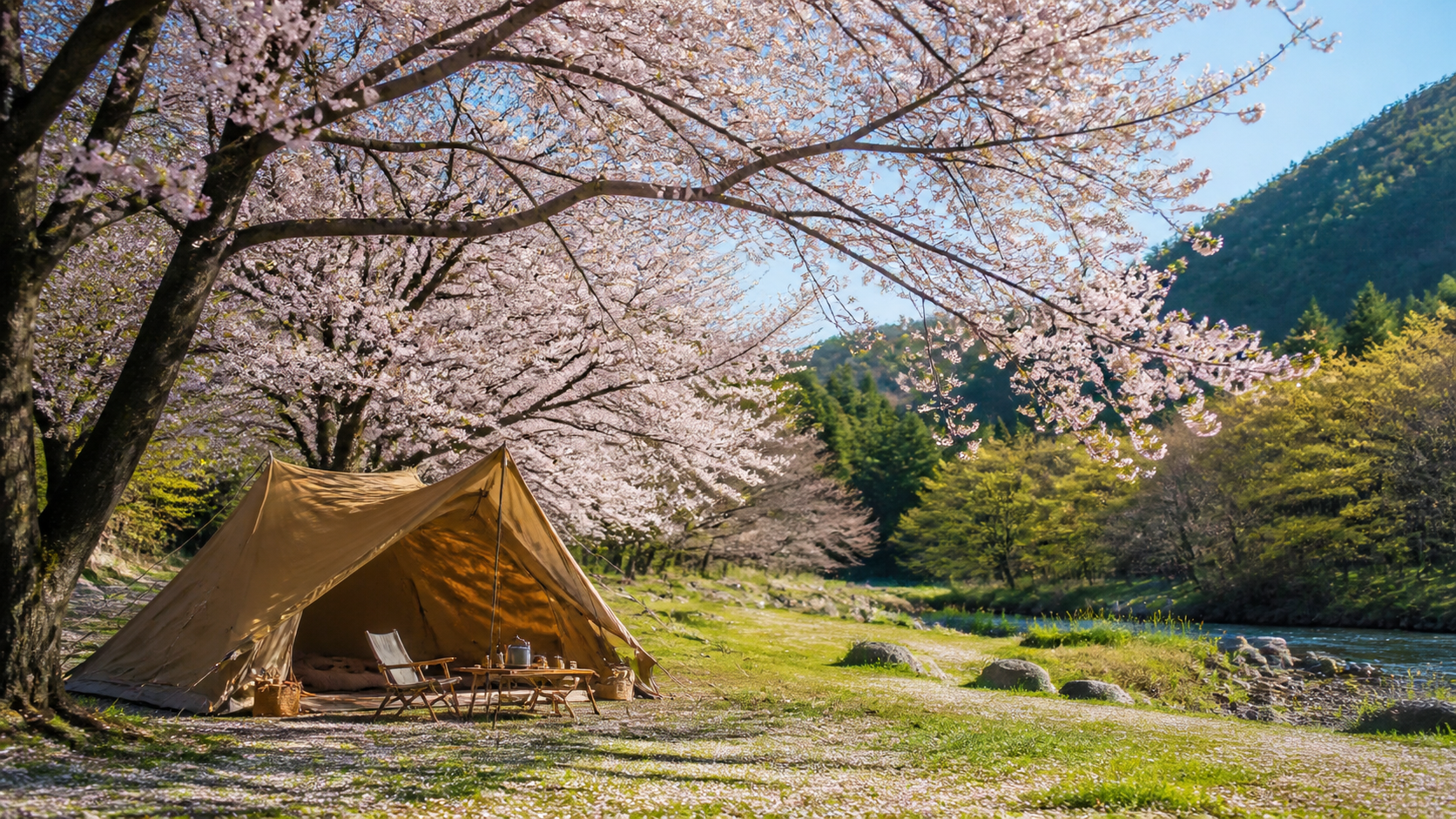 季節家電を使うキャンプ風景